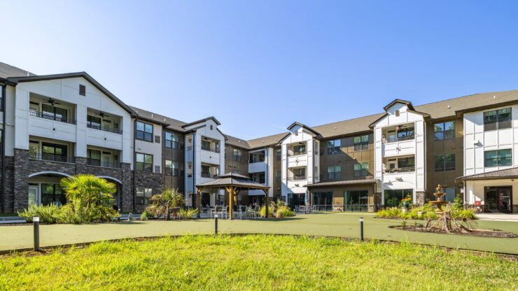 Exterior view of the Cadence at Olney facility with gardens