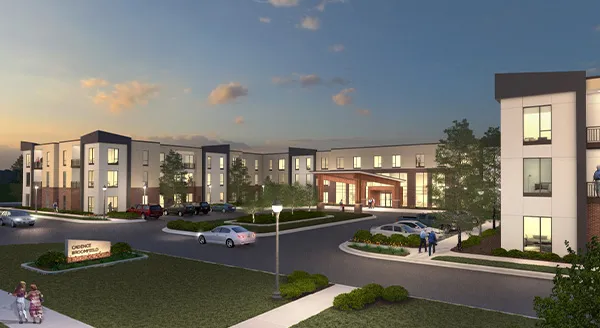 Exterior view of the facility at sunset