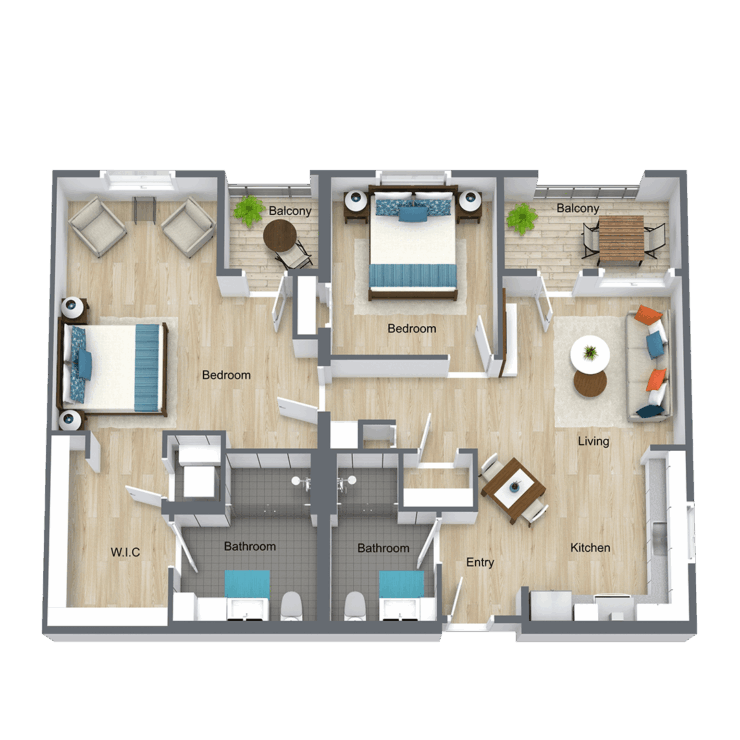 Architectural floor plan of a two-bedroom layout