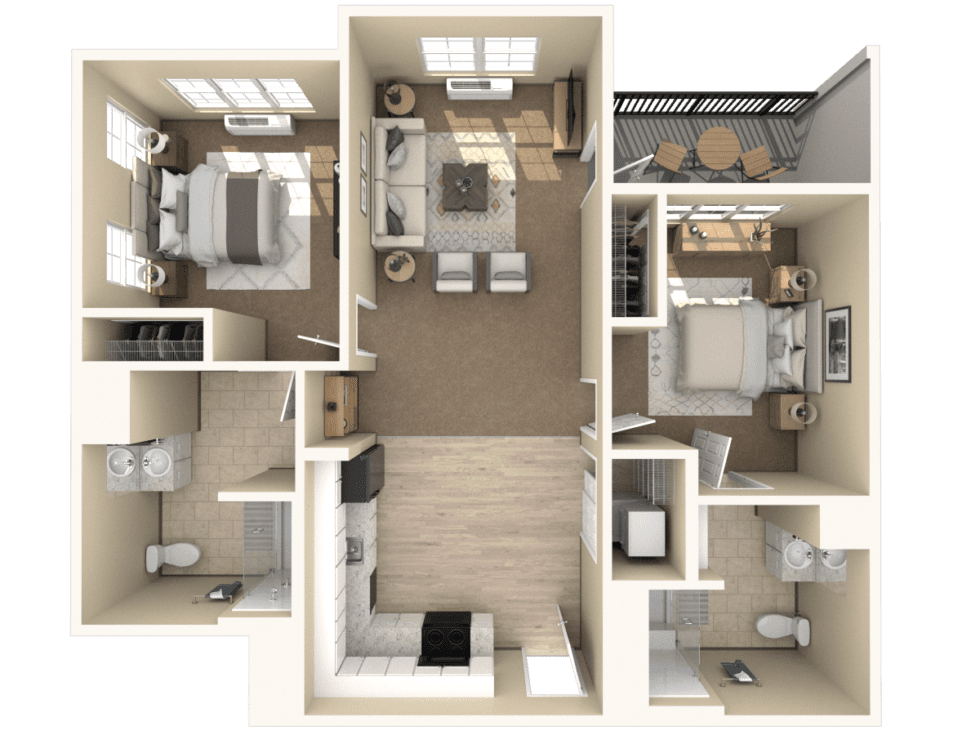 Architectural floor plan of a two-bedroom suite