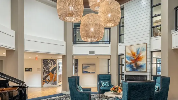 Bright and spacious common area with seating