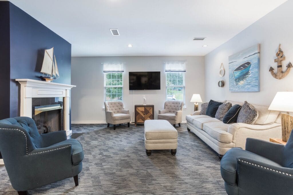 Bright common area with comfortable seating and decor