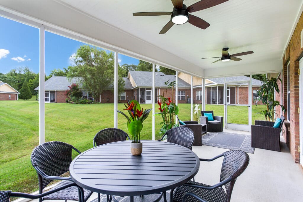 Outdoor patio with seating and decorative plants