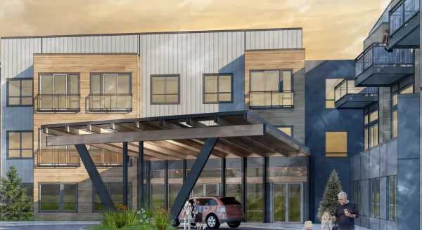 Outdoor view of the facility entrance with residents and a vehicle
