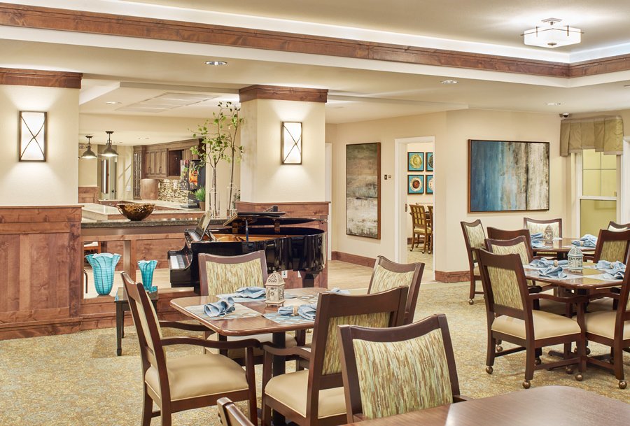 Beautiful dining room setup in a senior living facility