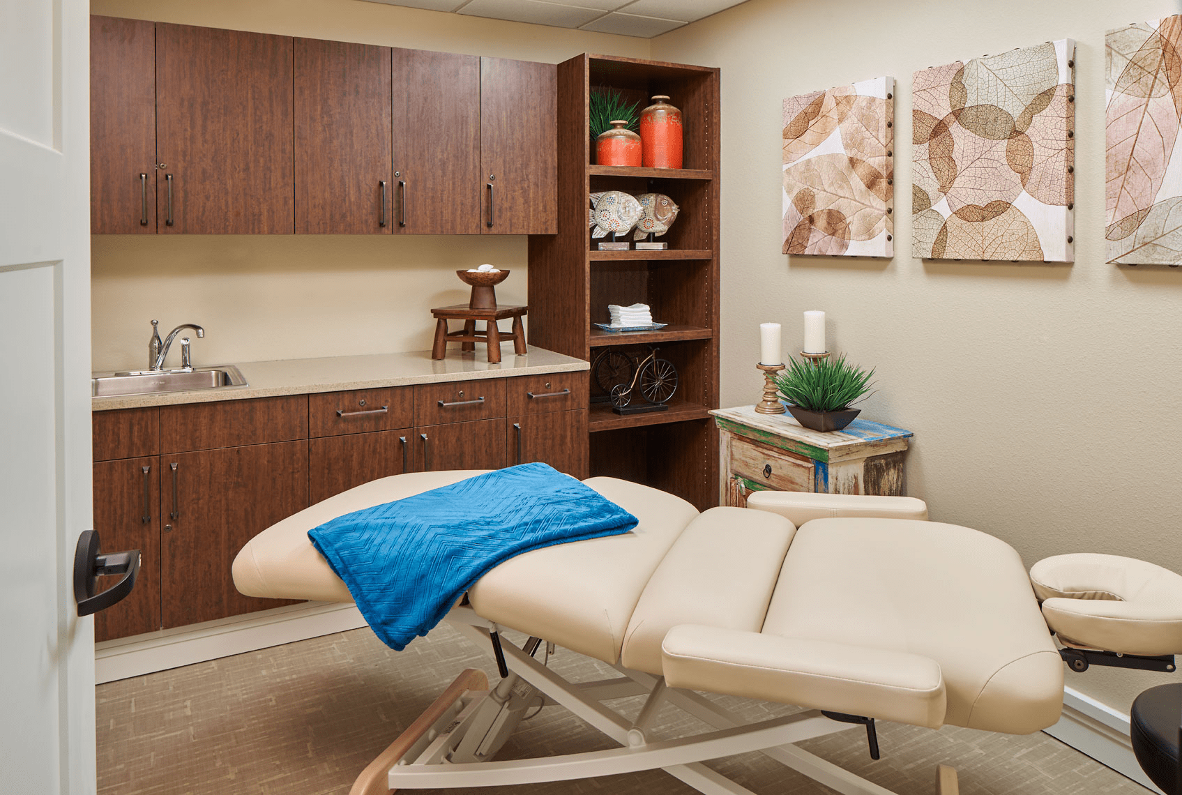 Interior of a therapy room with massage table