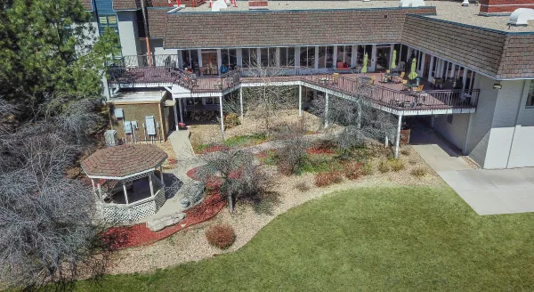 Aerial view of the outdoor space with gardens