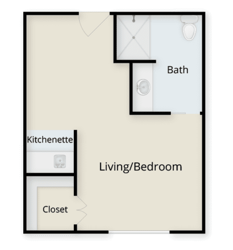 Floor plan of a living/bedroom unit with kitchenette
