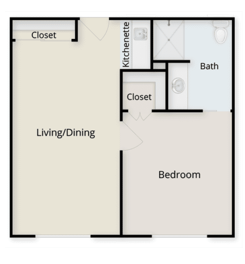 Architectural floor plan of a one-bedroom unit