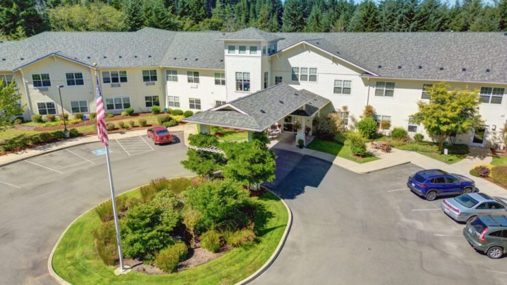 Aerial view of the facility exterior and parking area