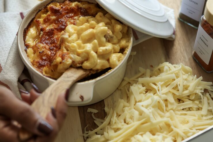 Delicious baked macaroni and cheese with cheese on the side