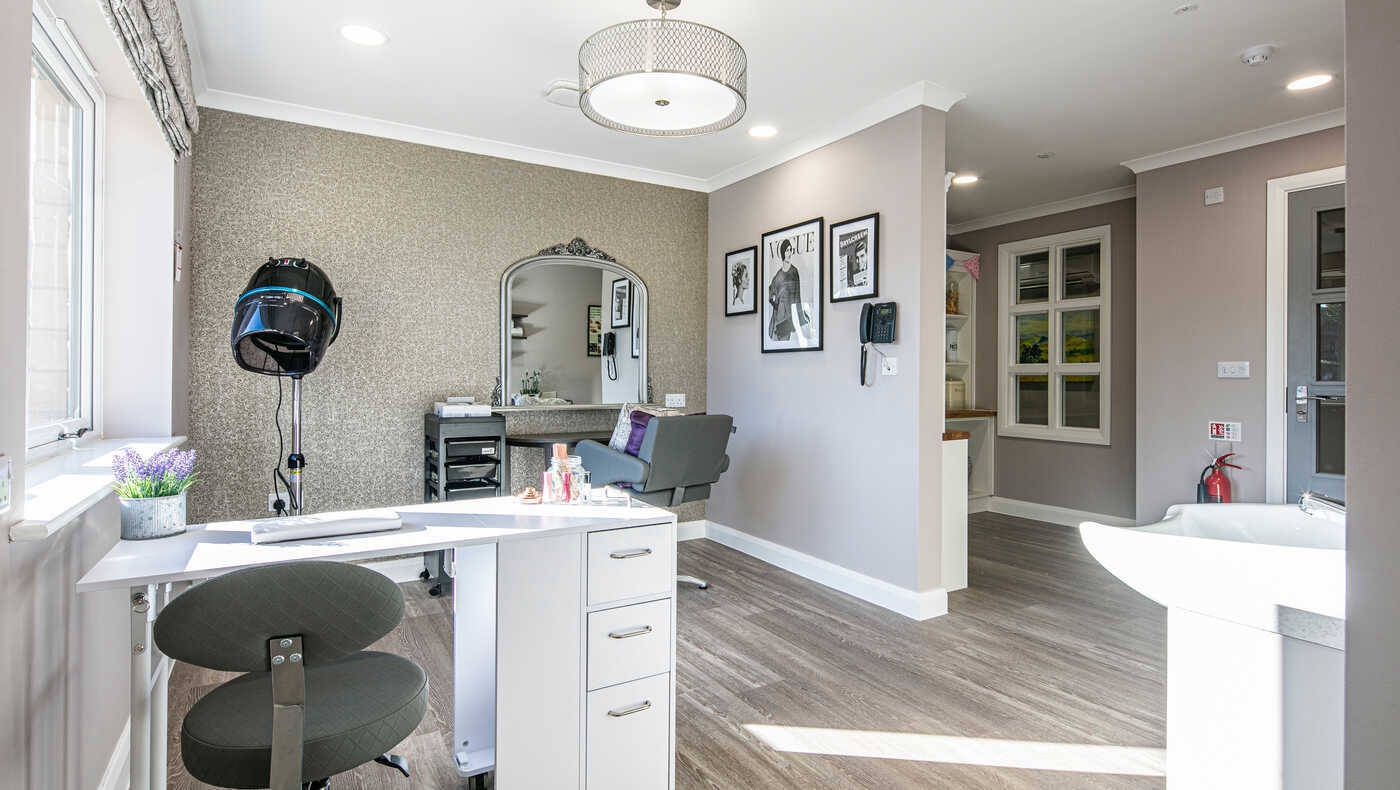 Interior view of a salon space in a senior living facility