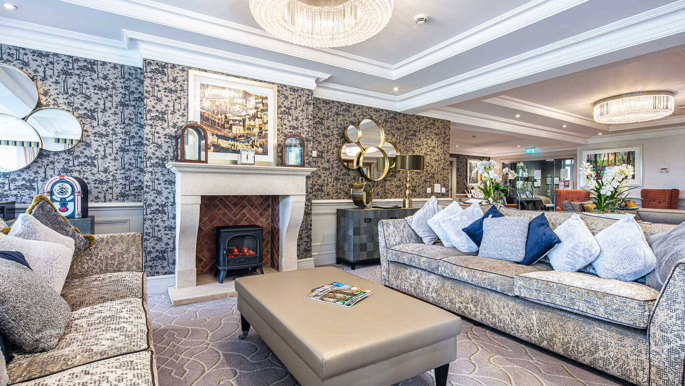 Bright and modern interior common area with seating