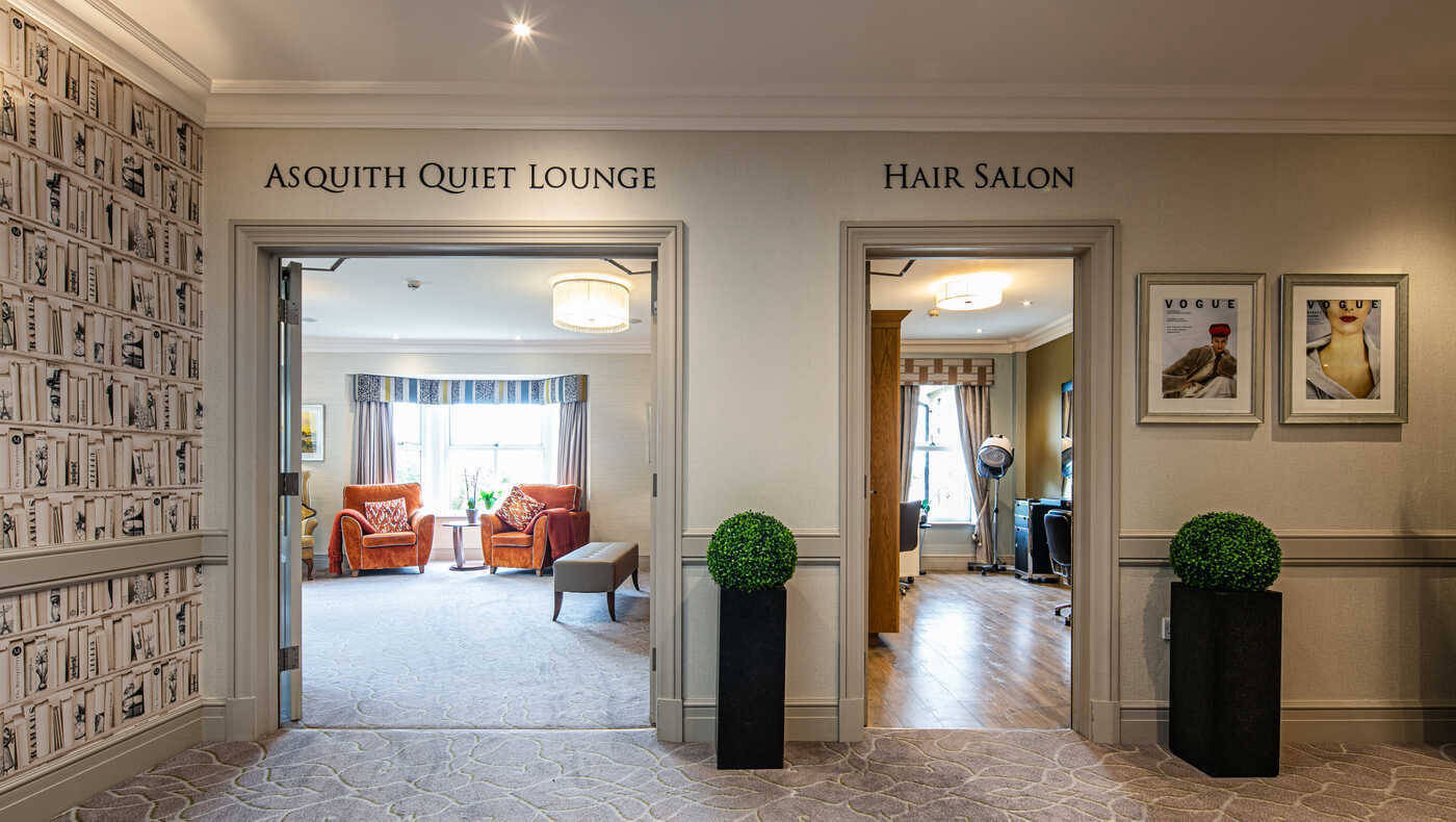 Interior view of a lounge and hair salon area