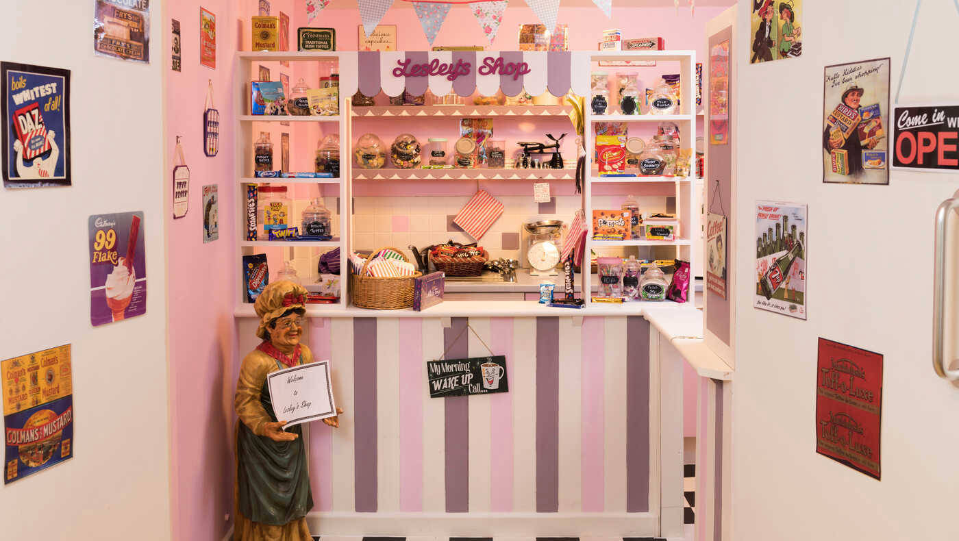 Interior view of a charming snack shop with vintage decor