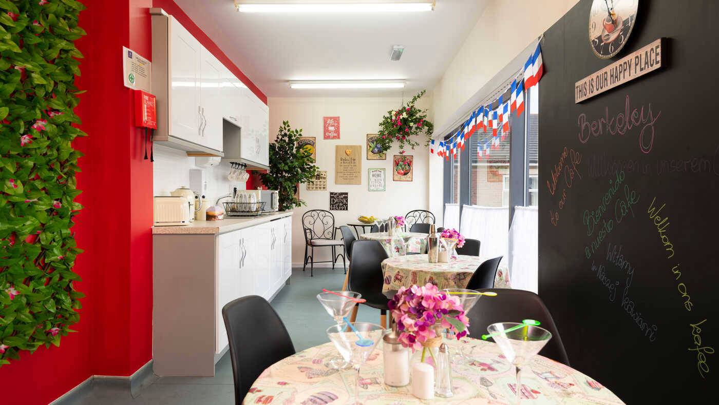 Bright dining area in a senior living facility