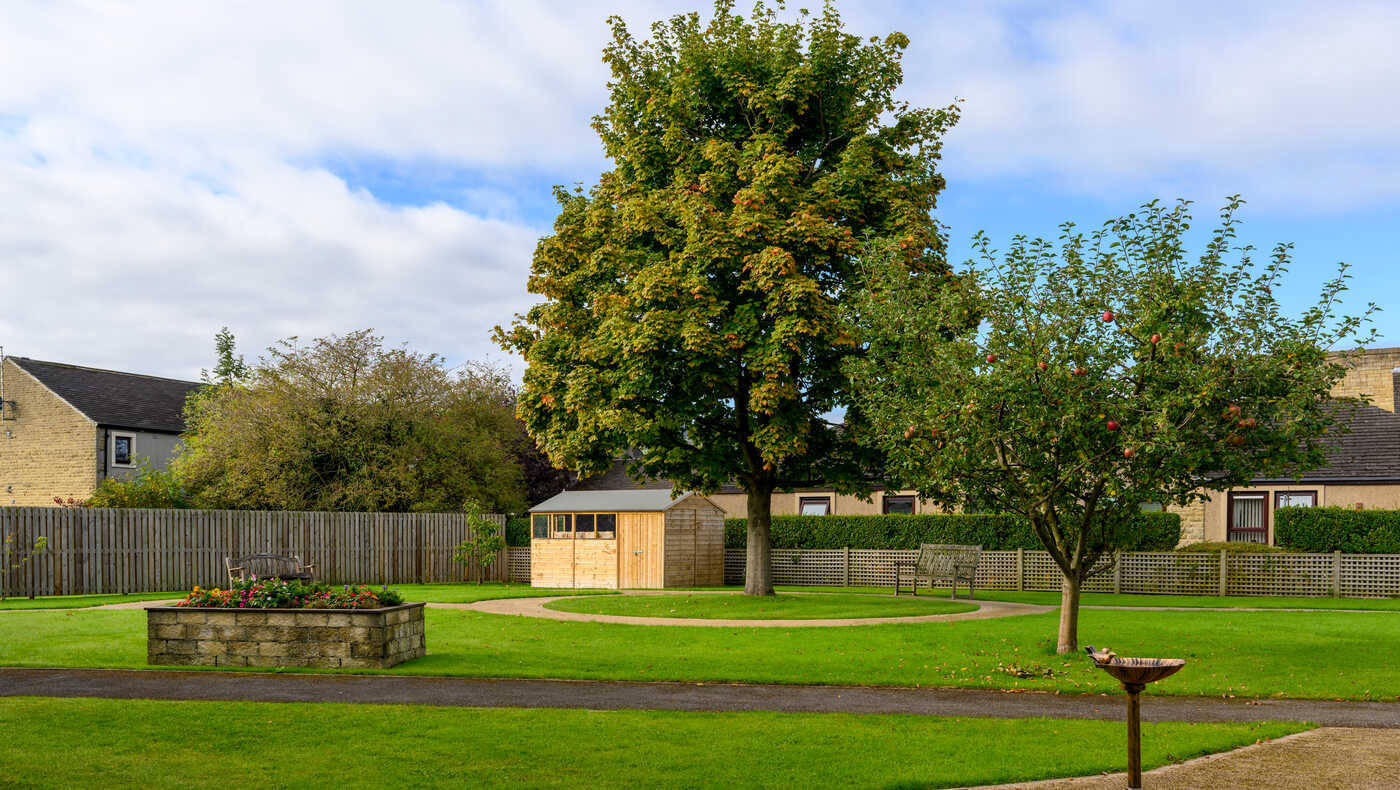 Well-kept garden area with trees and a shed