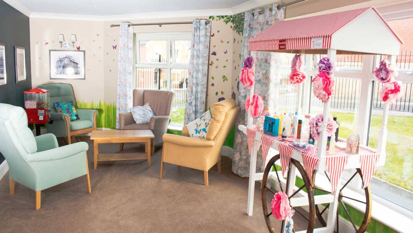 Colorful lounge area with decorative items