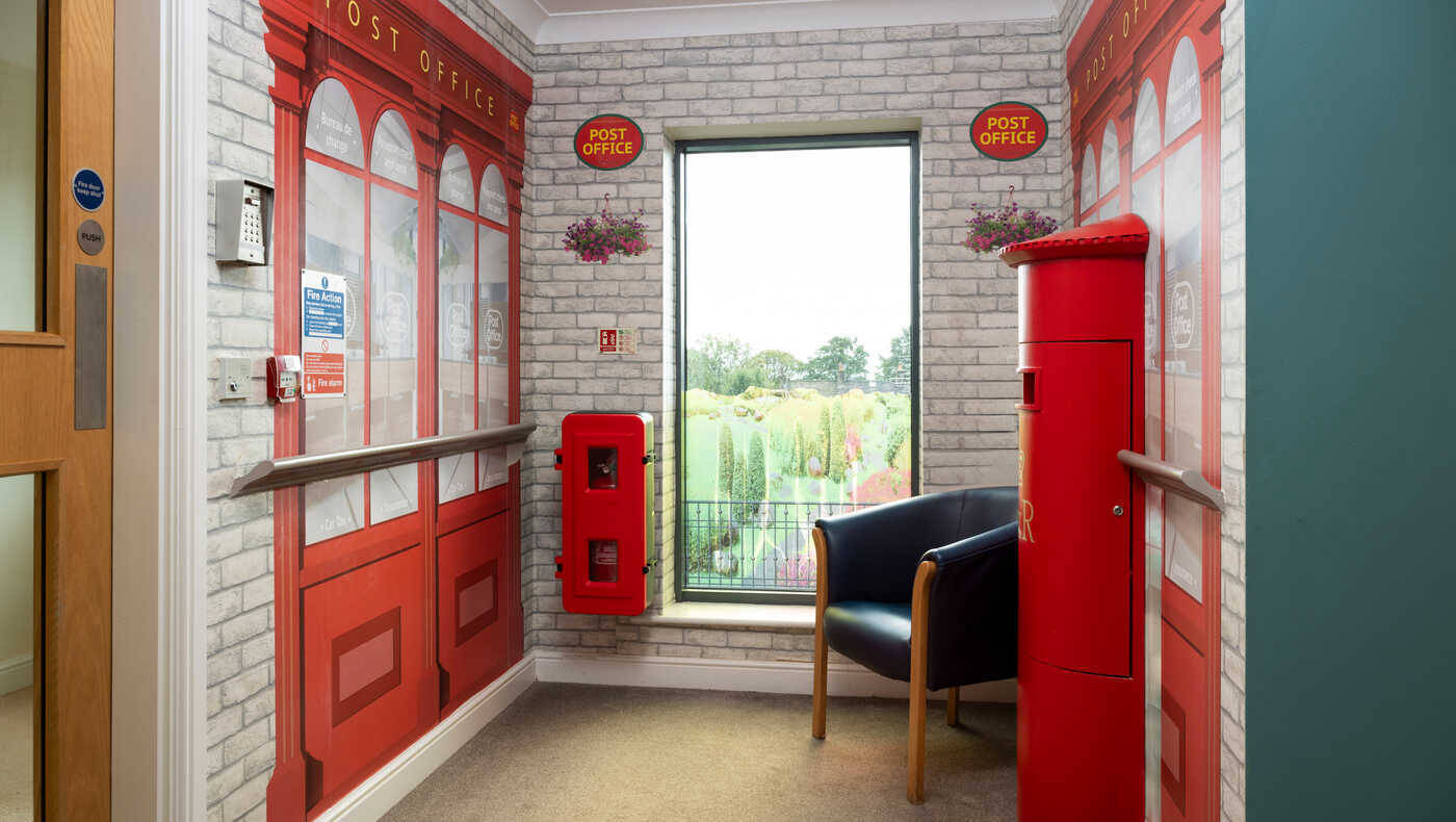 Interior feature with bright post office-themed decor