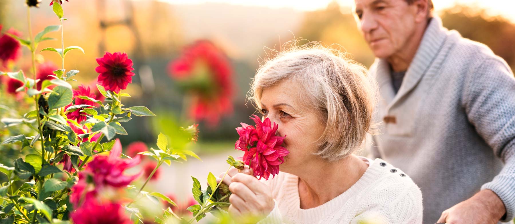 Residents enjoying flowers in a garden