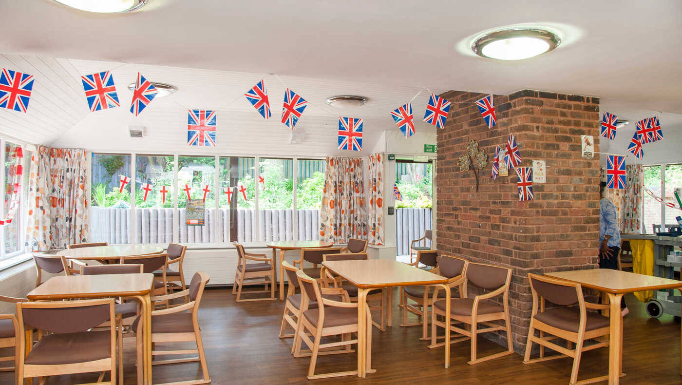 Interior view of a dining area with festive decorations