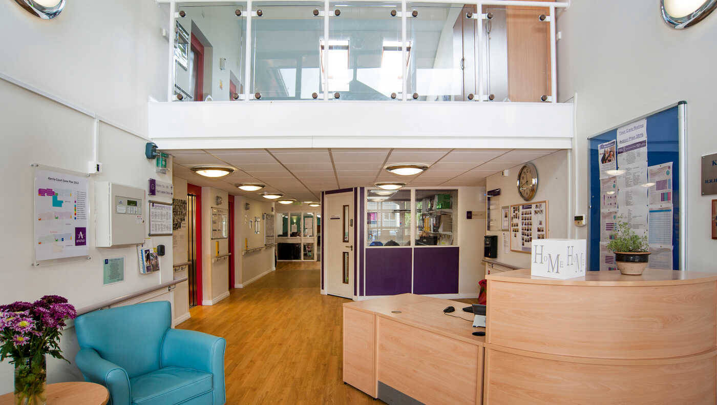 Bright interior lobby with reception and seating area