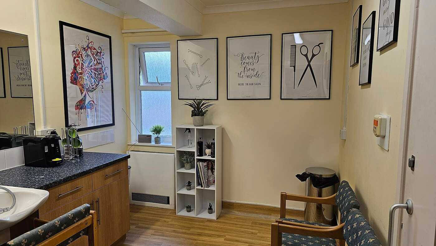 Interior view of a beauty salon space with decor