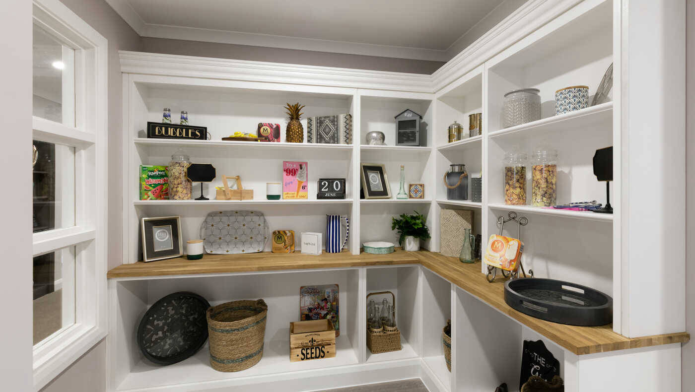 Neatly arranged shelves in a common area