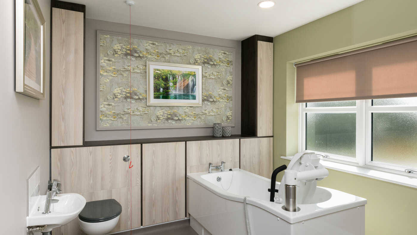 Modern bathroom interior with bathtub and artwork