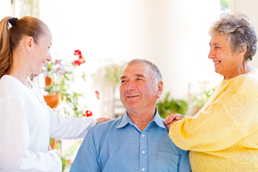 Care staff interacting with elderly residents.