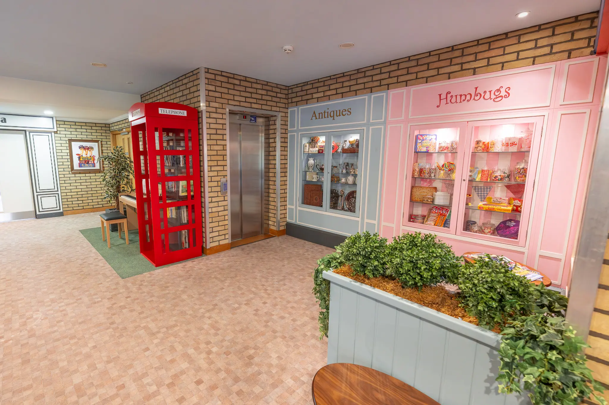 Colorful interior area with antique displays and seating