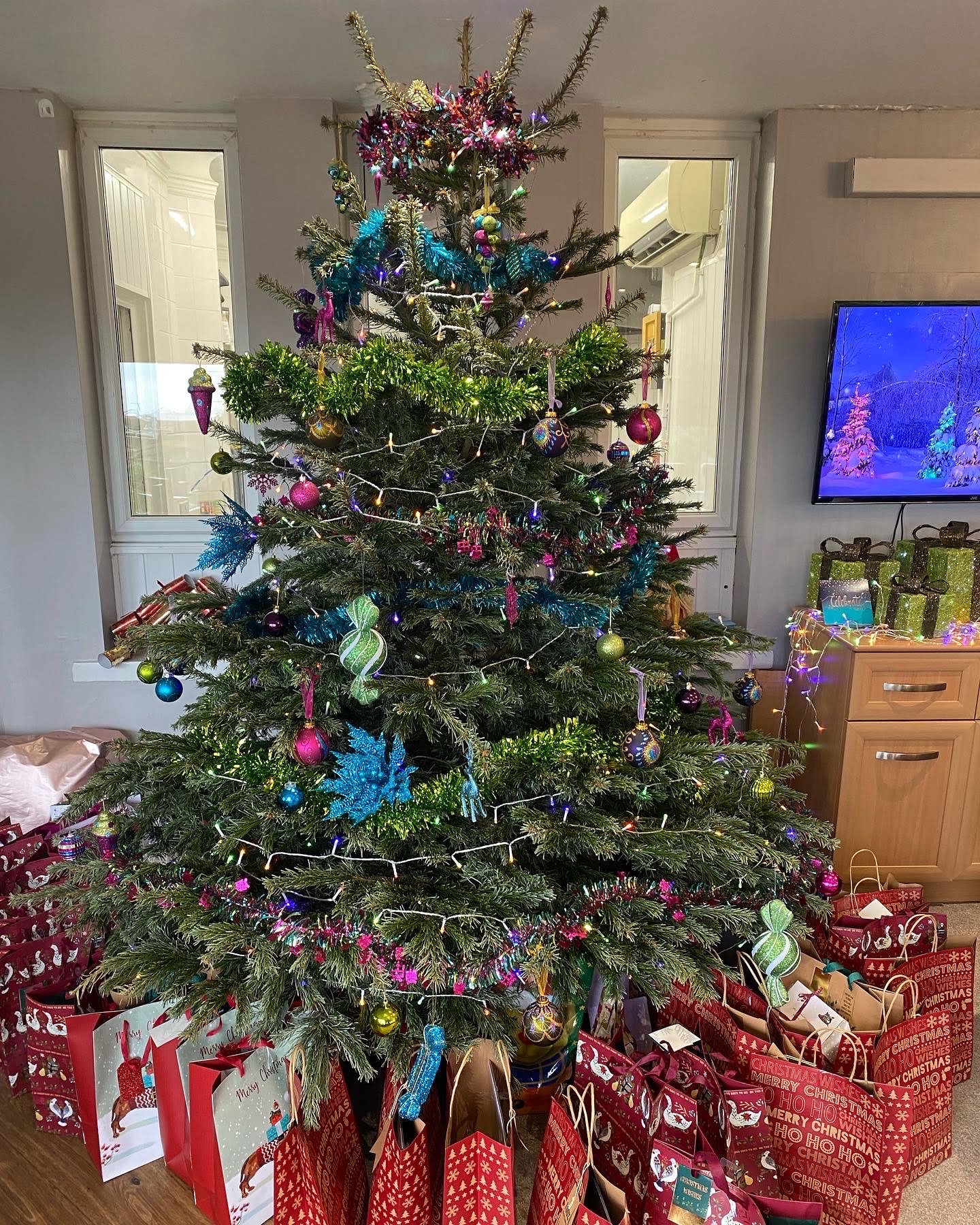 Decorated Christmas tree and gift bags in a common area.