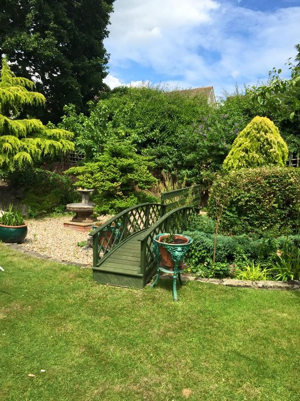 A tranquil garden with a wooden bridge.
