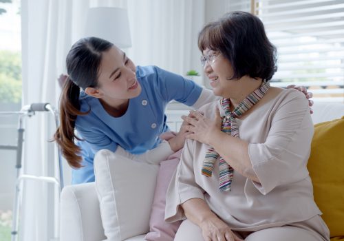 Caregiver interacting with a senior woman in a cozy setting.