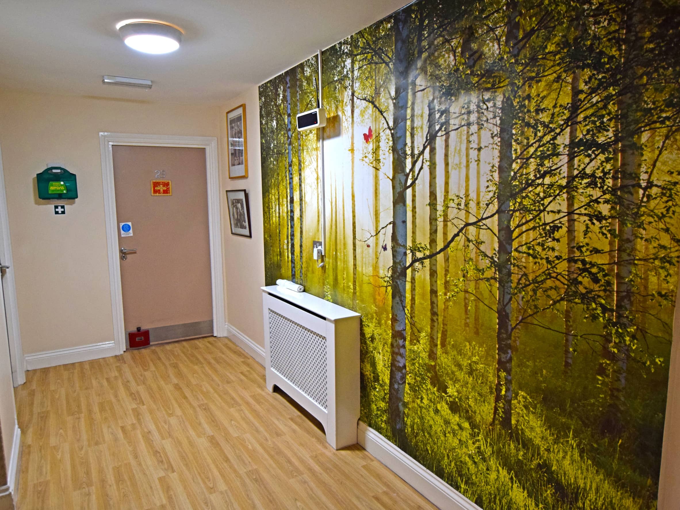 A hallway with a nature-themed mural.