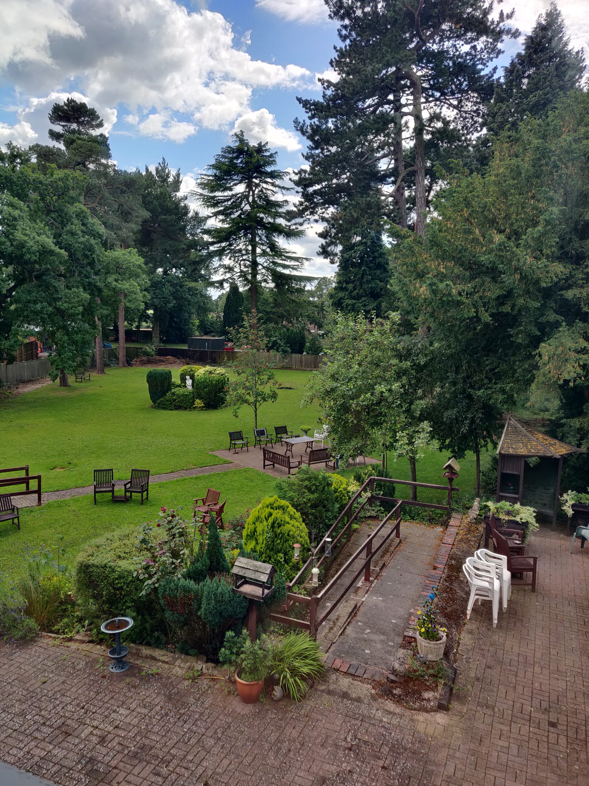 Scenic outdoor garden with seating areas