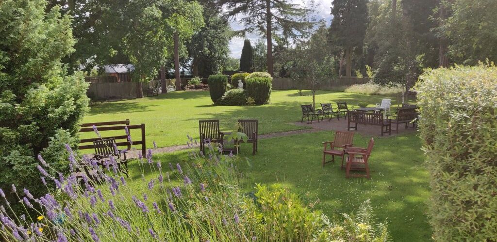 Serene outdoor garden area with seating