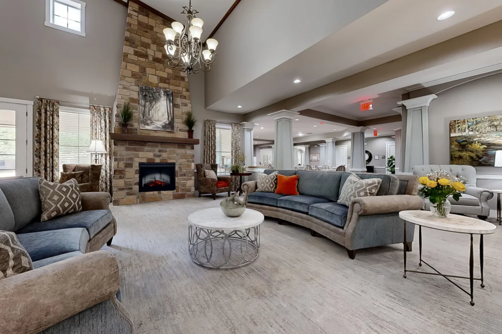 Cozy common area with seating and fireplace.