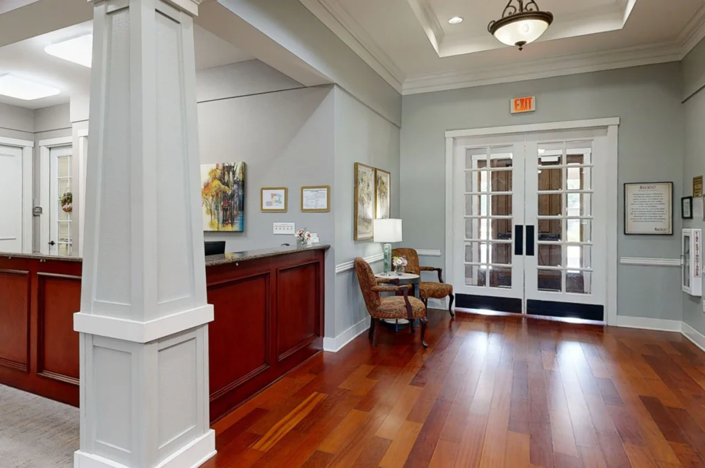 Welcoming lobby area with seating and reception desk.