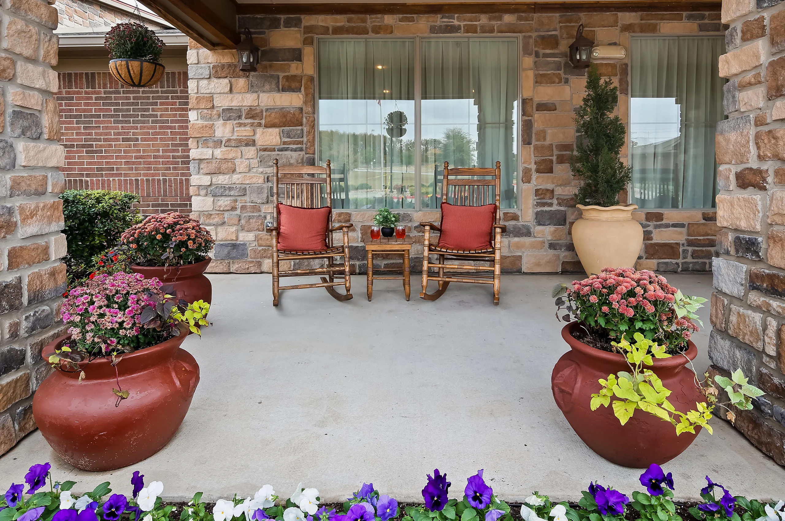 Welcoming outdoor seating area with flowers
