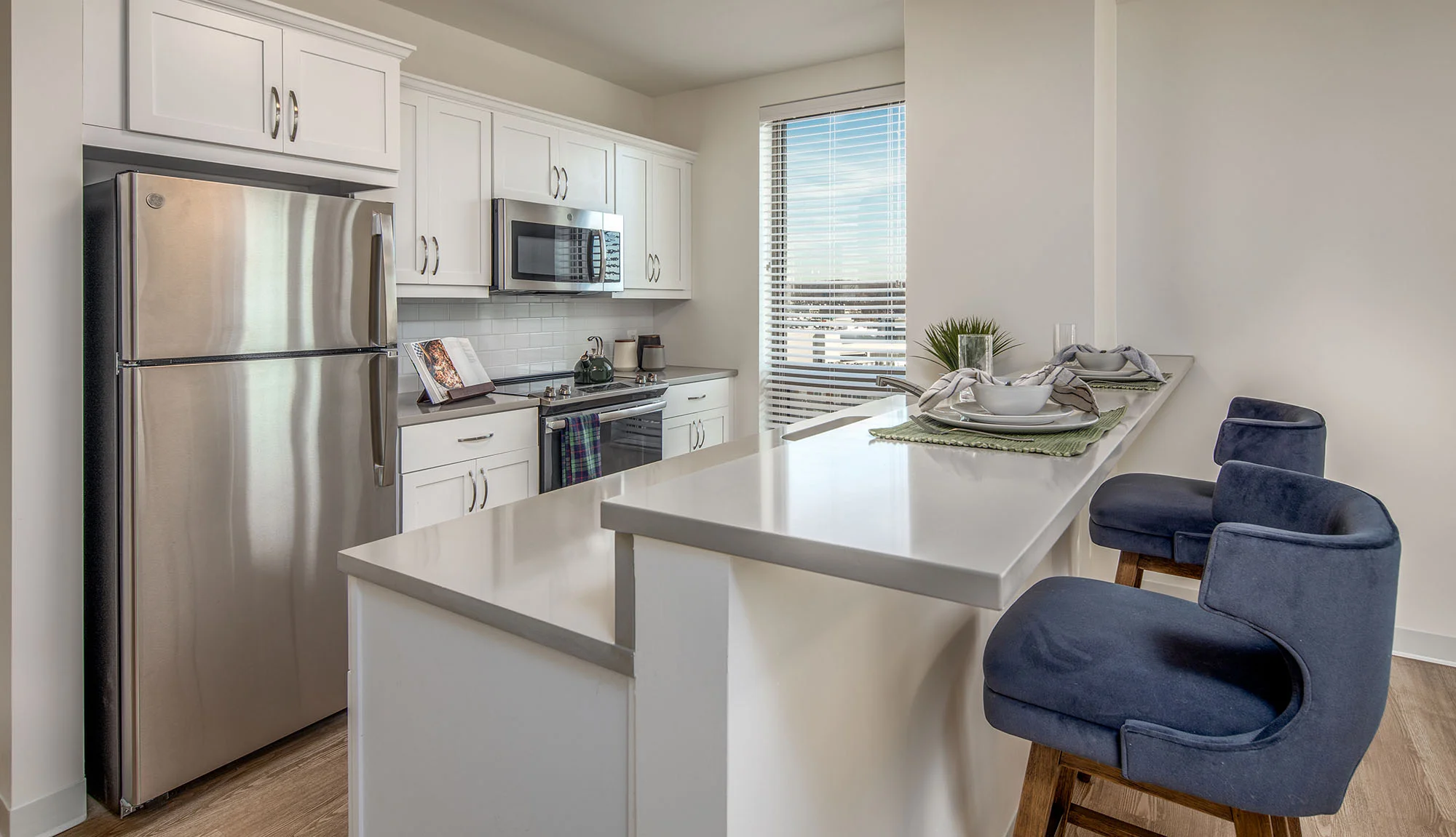 Modern kitchen area in a living space.
