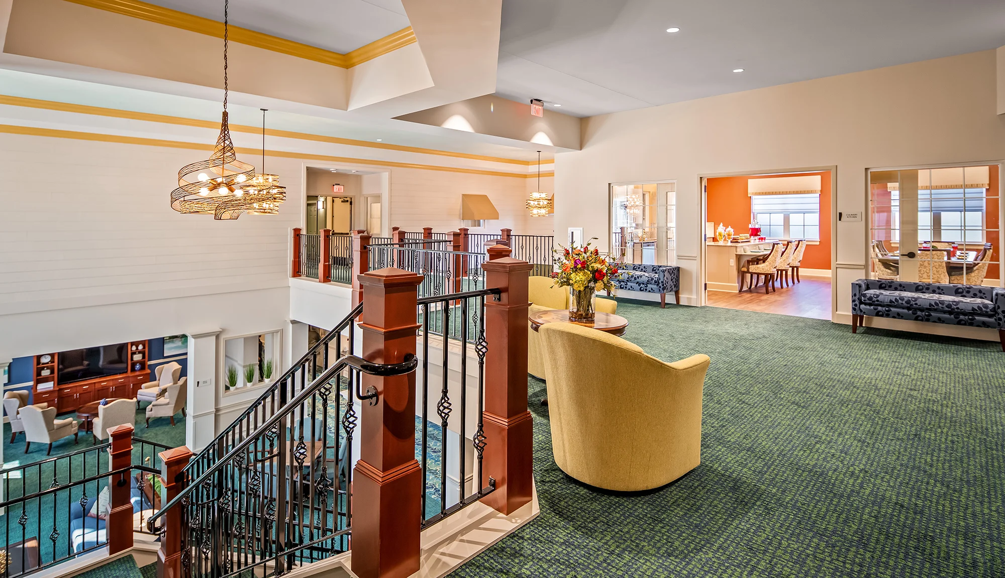 Spacious common area with seating and decor