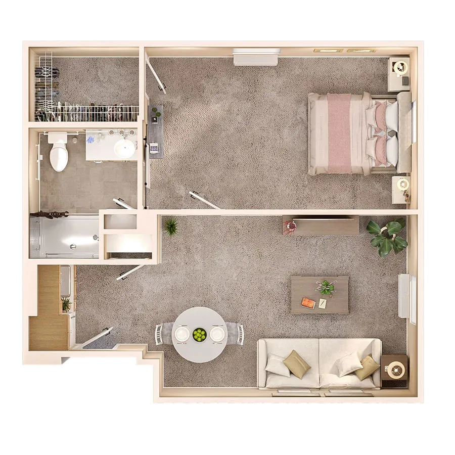 Interior layout of a nursing home room.