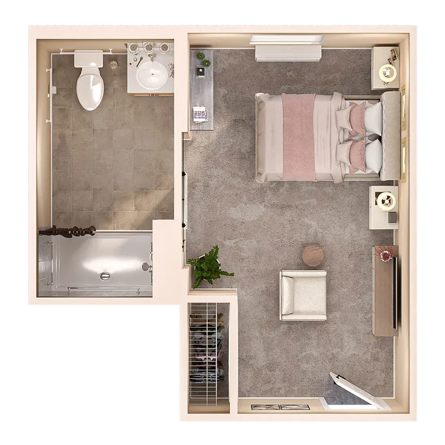 Aerial view of a private living room with bed.