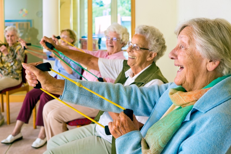 Seniors participating in a group exercise activity