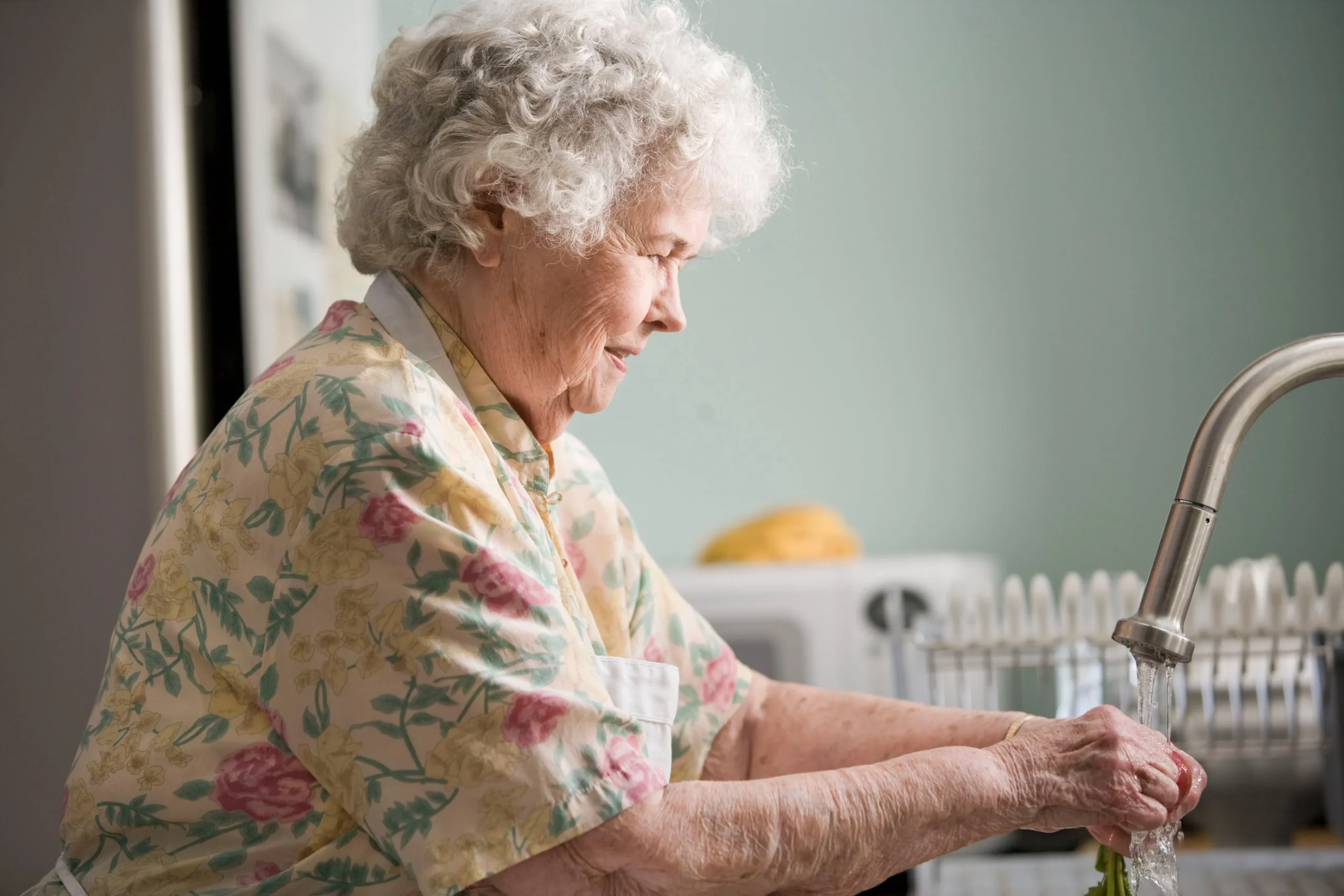 Senior woman washing vegetables in the kitchen
