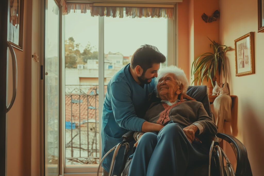 Caregiver and elderly resident sharing a joyful moment indoors.