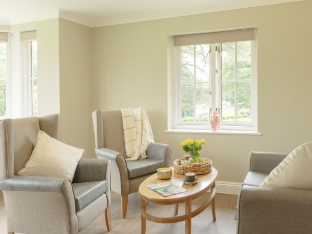 Bright interior seating area with armchairs and a table.