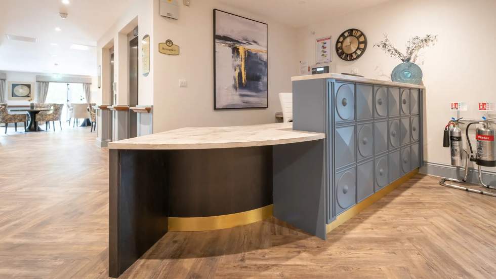 Modern reception area with stylish decor and seating