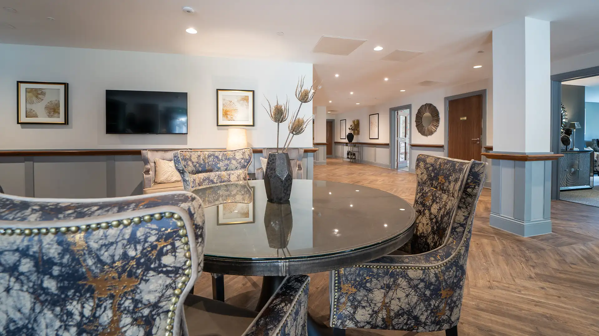 Stylish common area with seating and decor